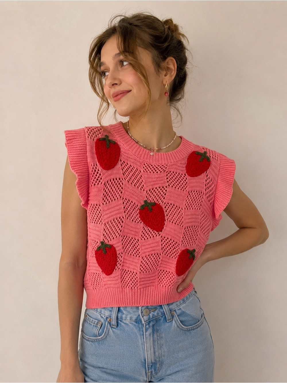 Dreamers Strawberry Crochet Knit Sweater Vest Pink Cottagecore Size S